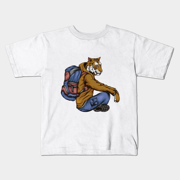 Rest Tiger Backpacker Kids T-Shirt by JagatKreasi